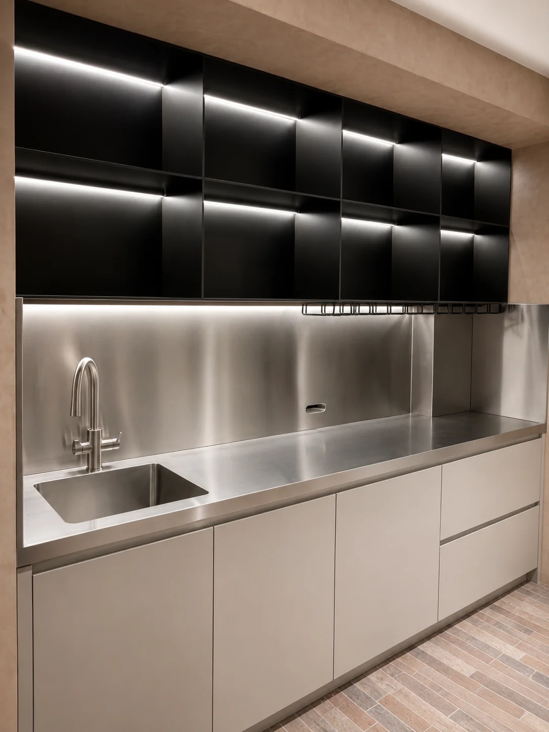 Stainless steel bench and cupboard installation