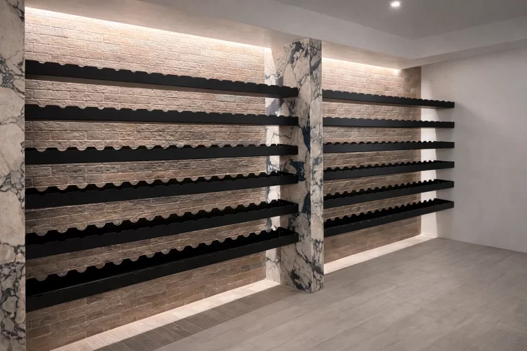Powder coated wine racks installed in a wine cellar
