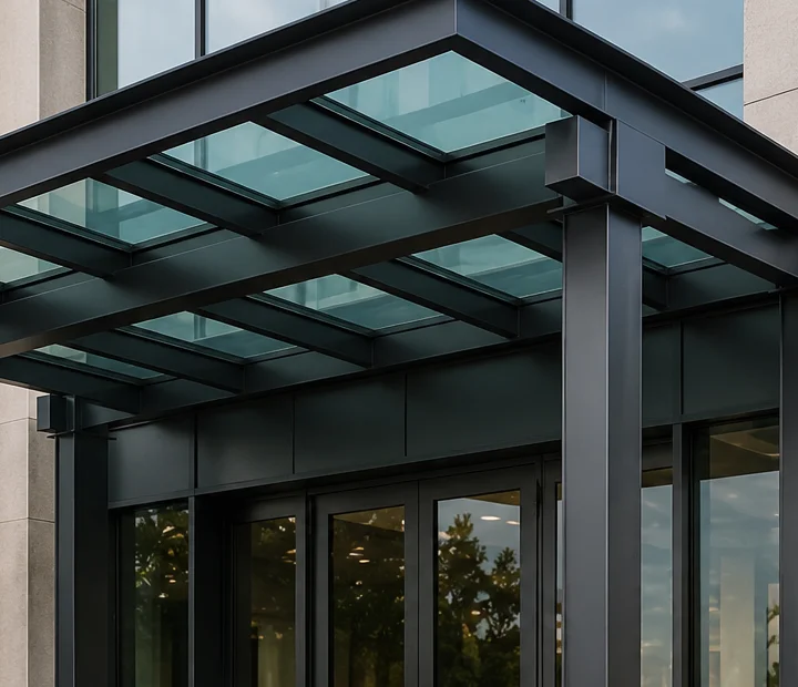 Glass and steel awning over an entry
