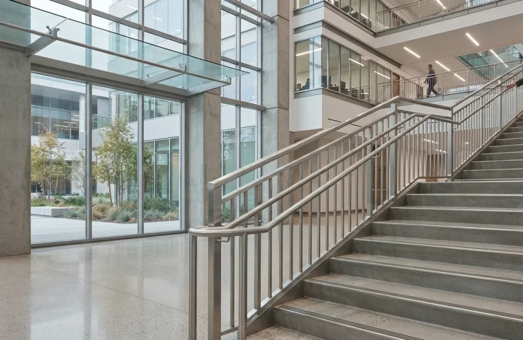 Stainless steel handrails beside an indoor staircase