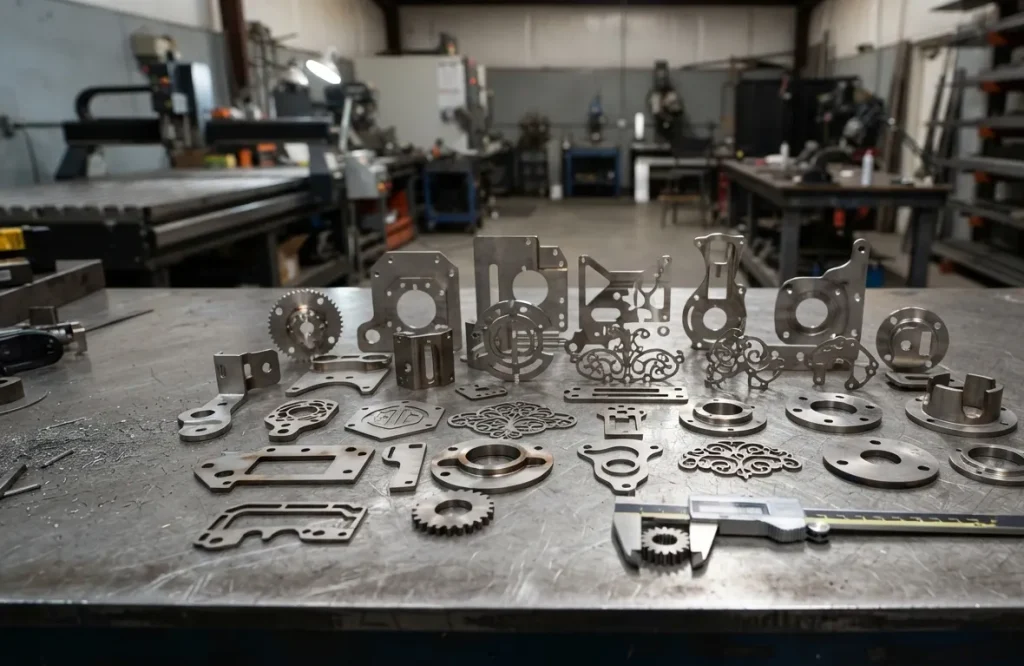 Laser cut stainless steel parts on a workshop table