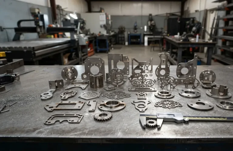 Laser cut stainless steel parts on a workshop table