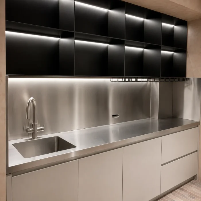 Stainless steel bench and cupboard installation