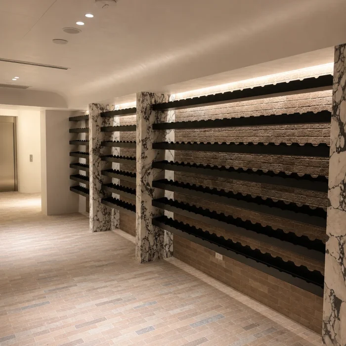Angled view of powder coated wine rack storage
